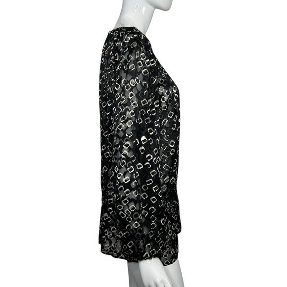 Chico's Size 1 Geometric Print Top Tunic Black & Beige Sheer Long Sleeve Shirt - Picture 7 of 16